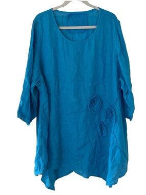 Cheyenne Fletcher Linen Asymmetrical Dress  W/ Appliqué Blue Sz 2X oversized
